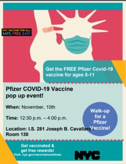 Pfizer COVID-19 Vaccine pop up event - Room 130 - November, 10th from 12:30pm - 4:00pm